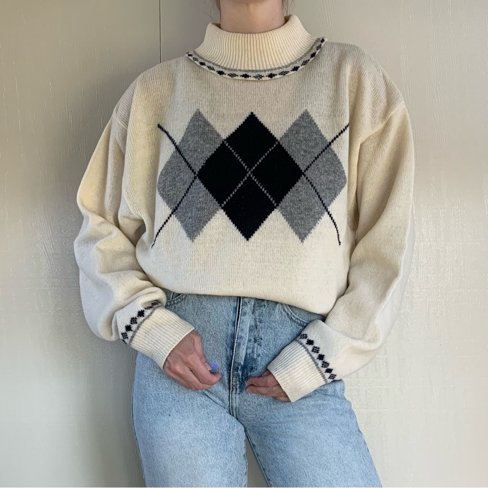 Vintage Liz Claiborne Argyle Cream Lambs Wool Sweater Size Large